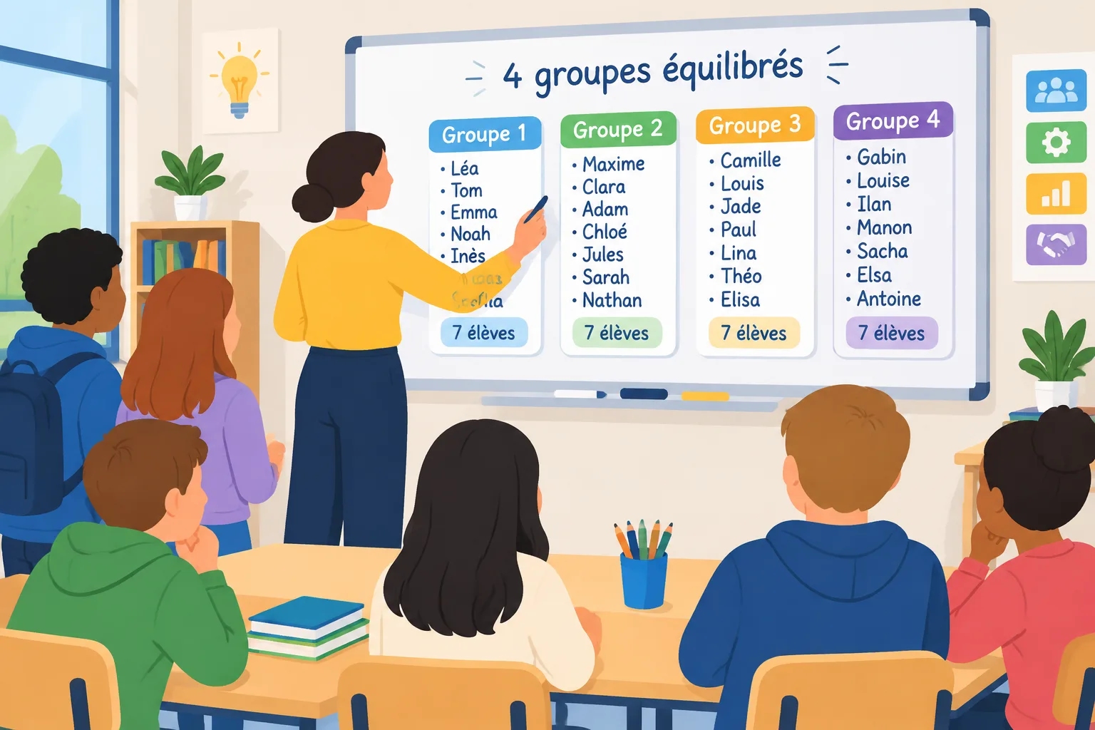 Clean flat illustration of a teacher splitting a class name list into four balanced groups on a whit