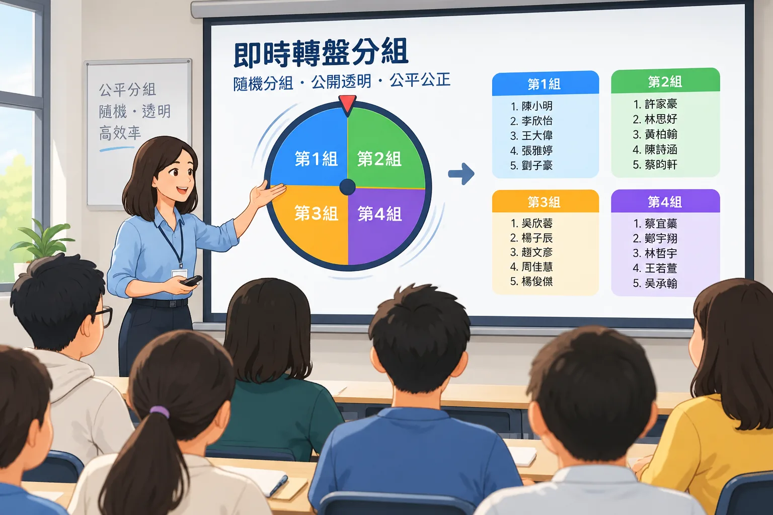 A wheel spinner projected on a classroom screen splitting name cards into four balanced groups