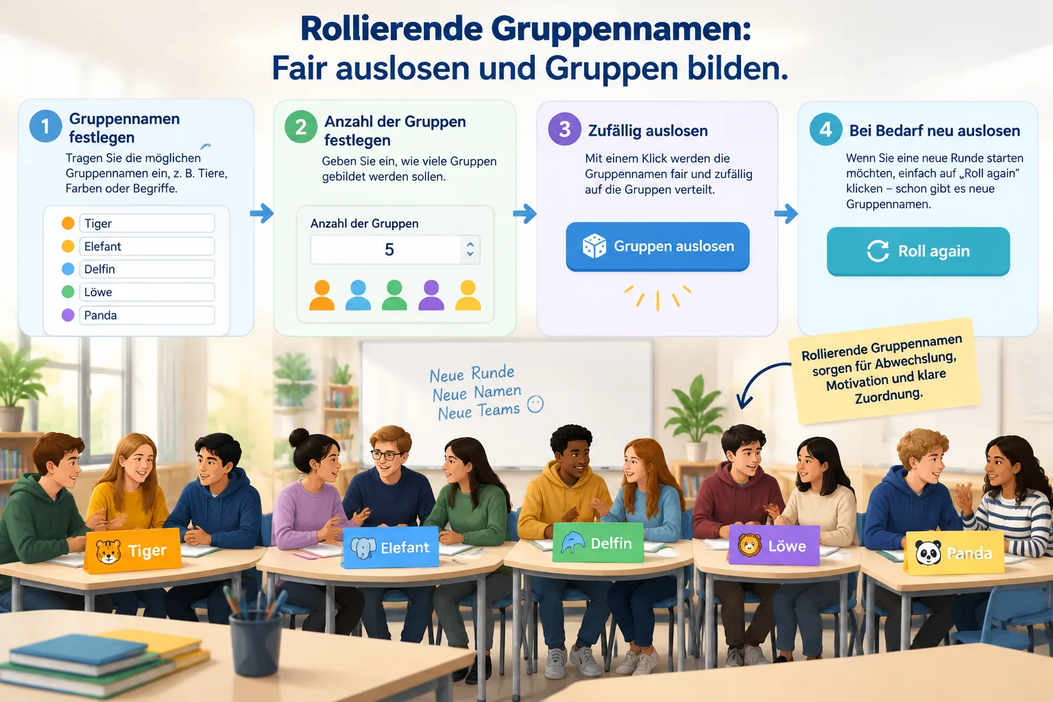 Step-by-step workflow graphic of random group name generator