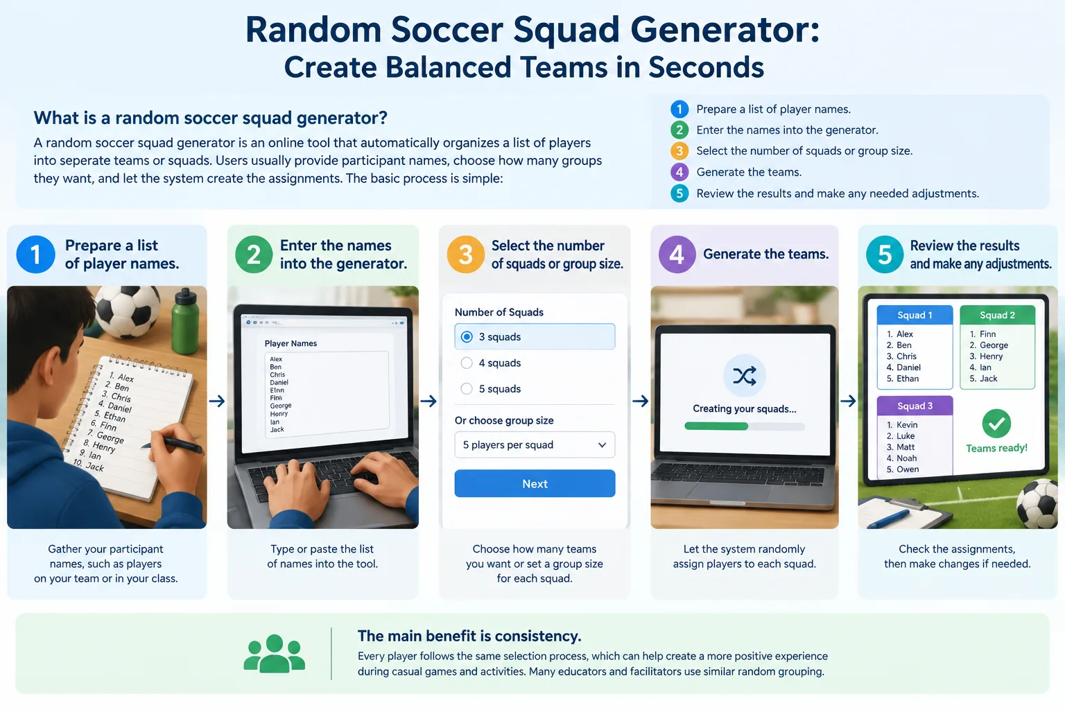 instructional diagram showing five steps from player list entry to generated soccer squads