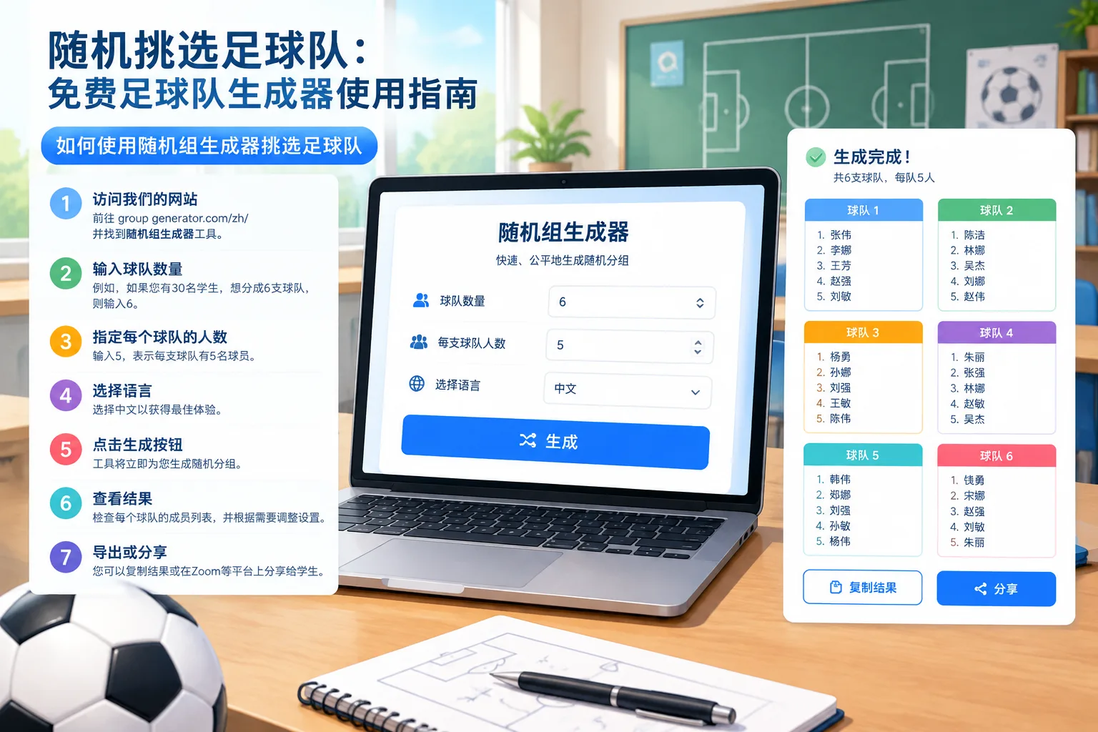 随机组生成器界面演示，显示输入选项和生成按钮的干净界面， bright but controlled palette