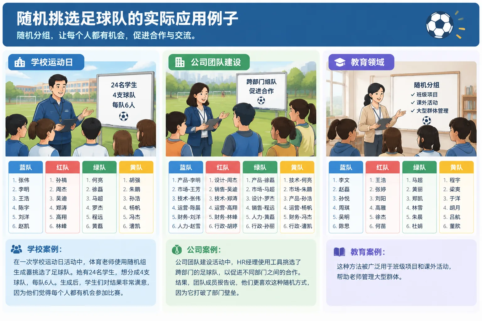 随机分组结果展示，列表格式的视觉呈现， instructional diagram style