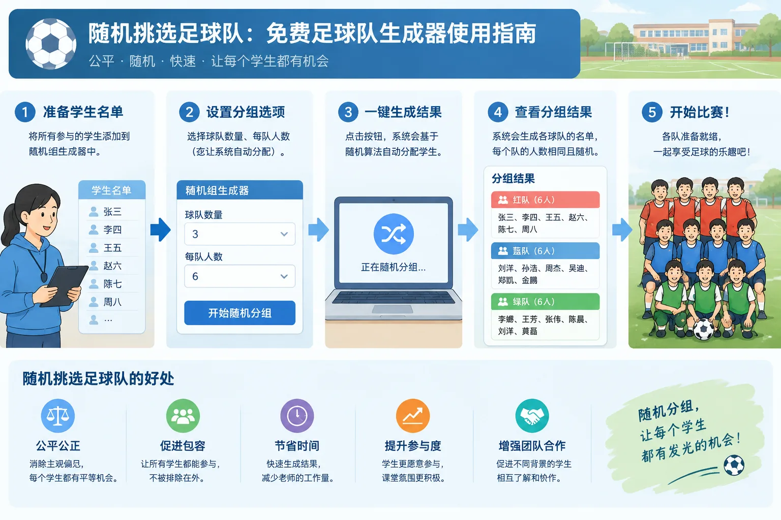 学校足球队分组示意图，显示学生被随机分配到不同球队的流程图，干净的 instructional style