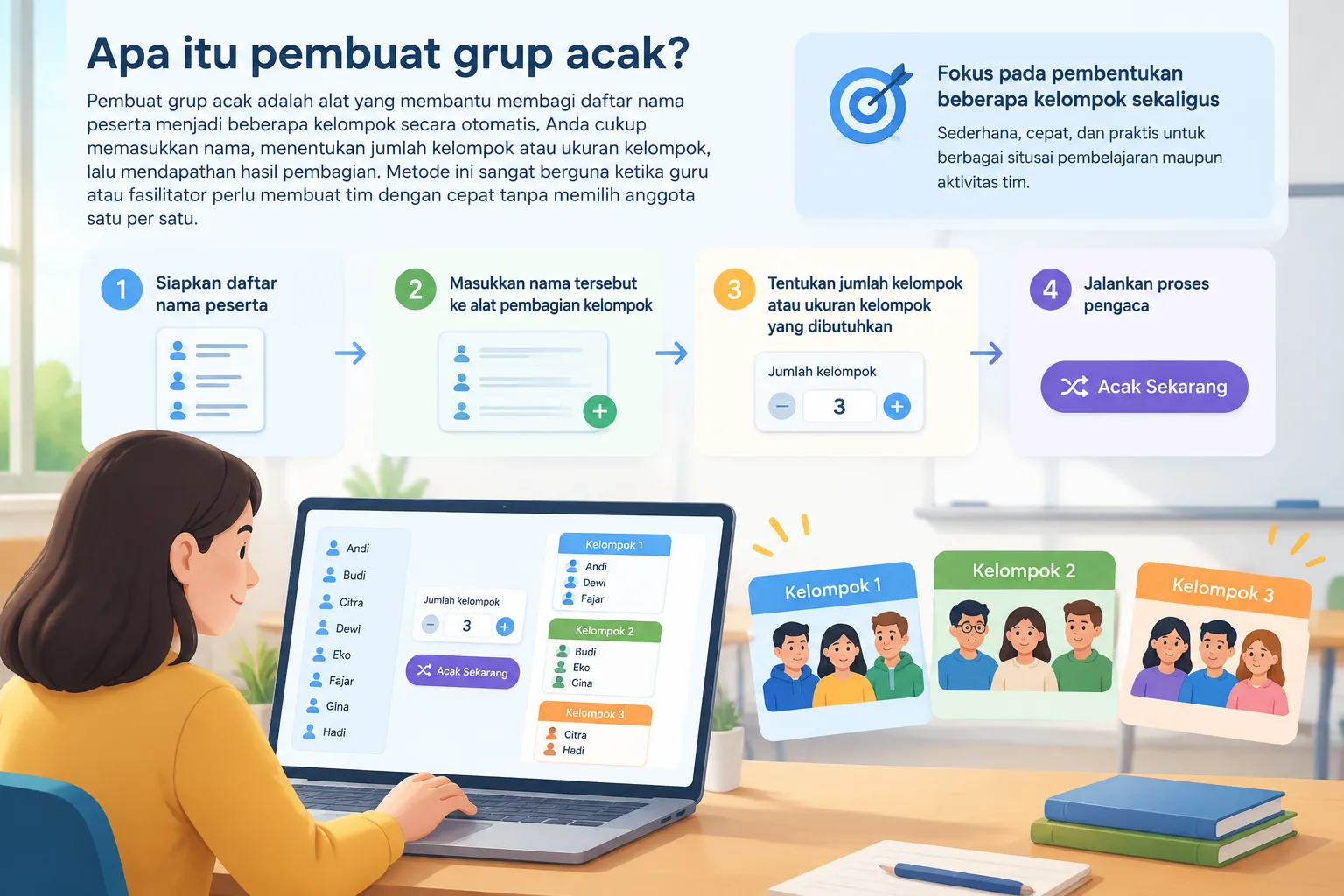 Panduan visual langkah demi langkah memasukkan daftar nama dan membuat kelompok acak seimbang