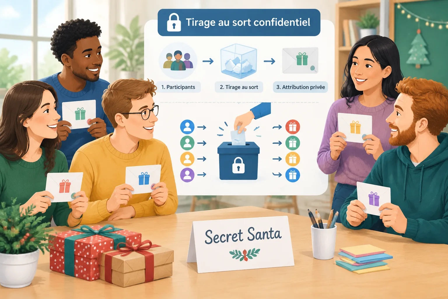 Illustration pédagogique montrant un groupe de personnes avec des cartes de cadeaux anonymes et un s