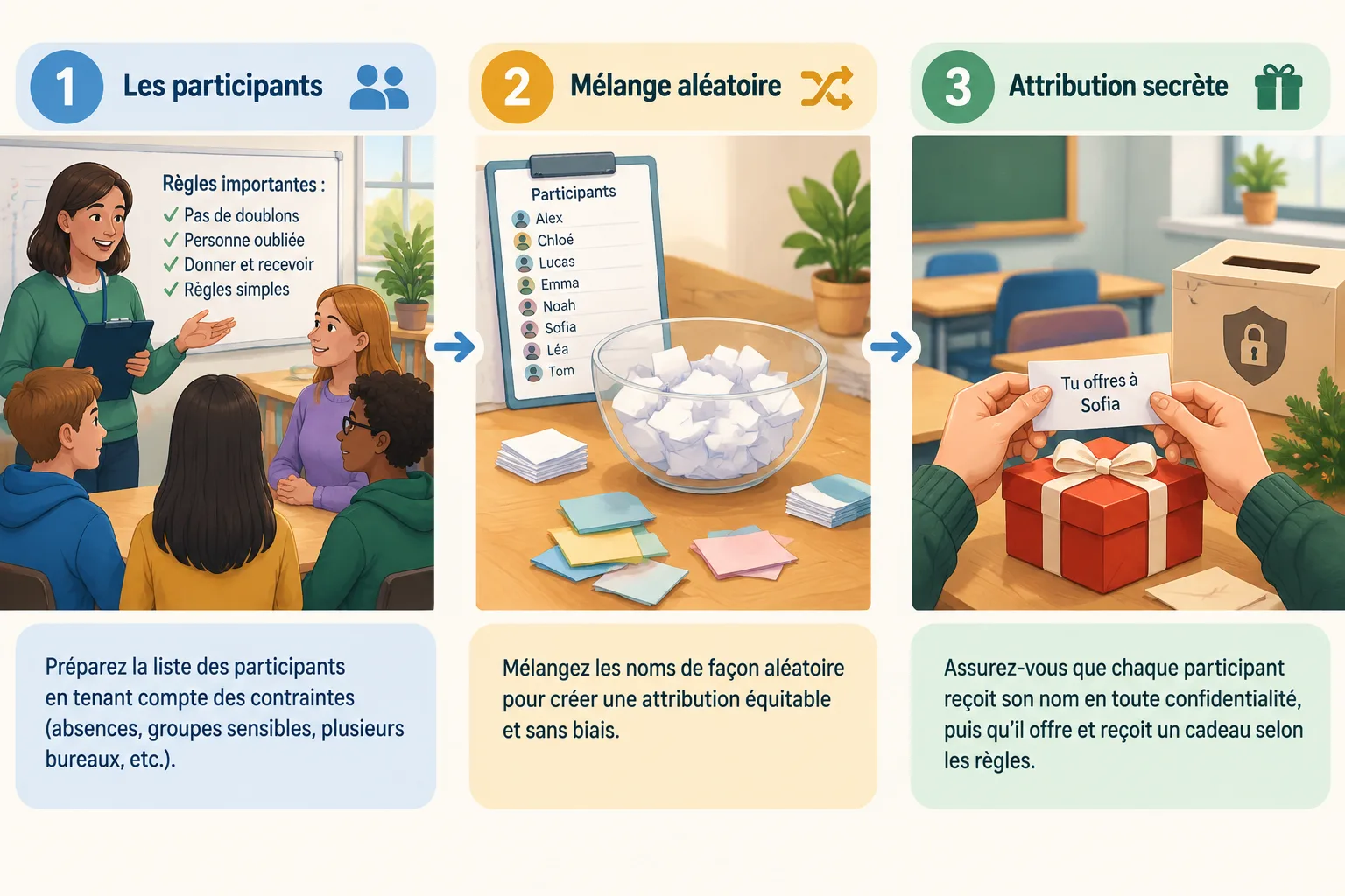 Infographie simple montrant les étapes participants puis mélange aléatoire puis attribution secrète