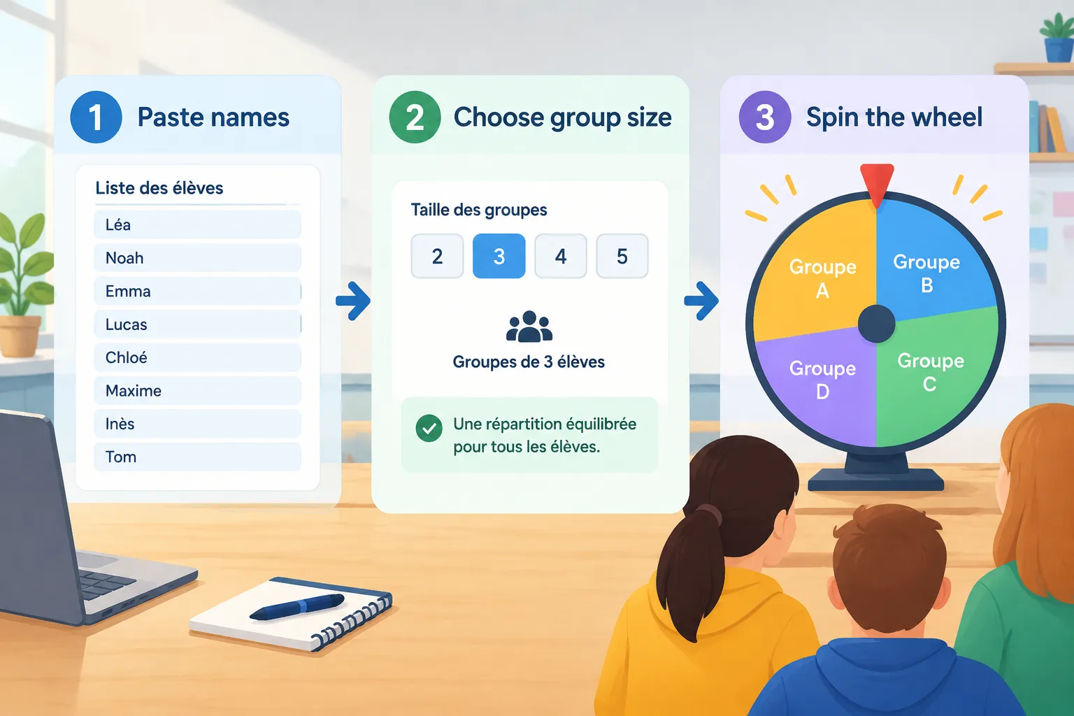 Simple three-step diagram showing paste names, choose group size, spin the wheel