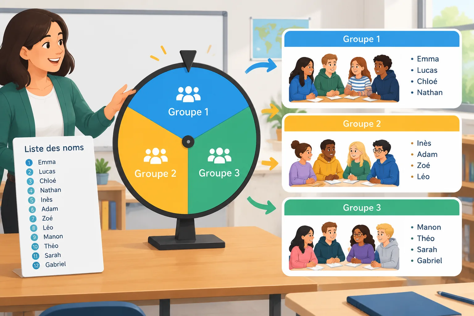 Clean instructional illustration of a spinning wheel dividing a list of name cards into three balanc