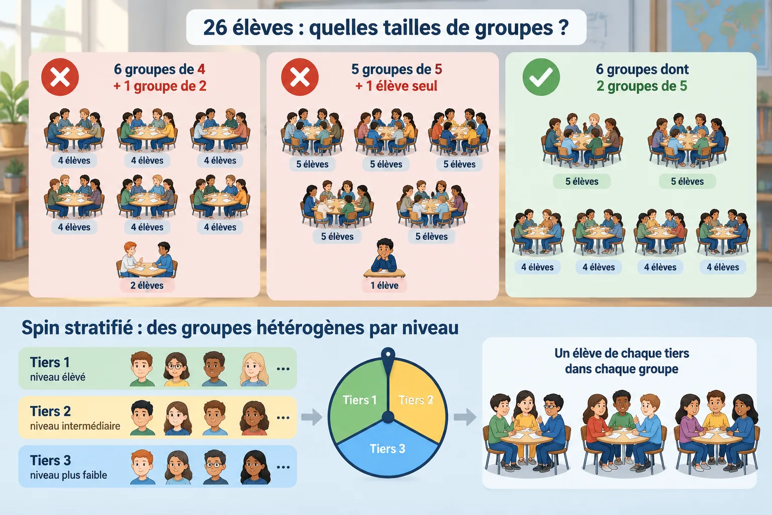 Diagram comparing equal group sizes and one larger group for an odd number of students