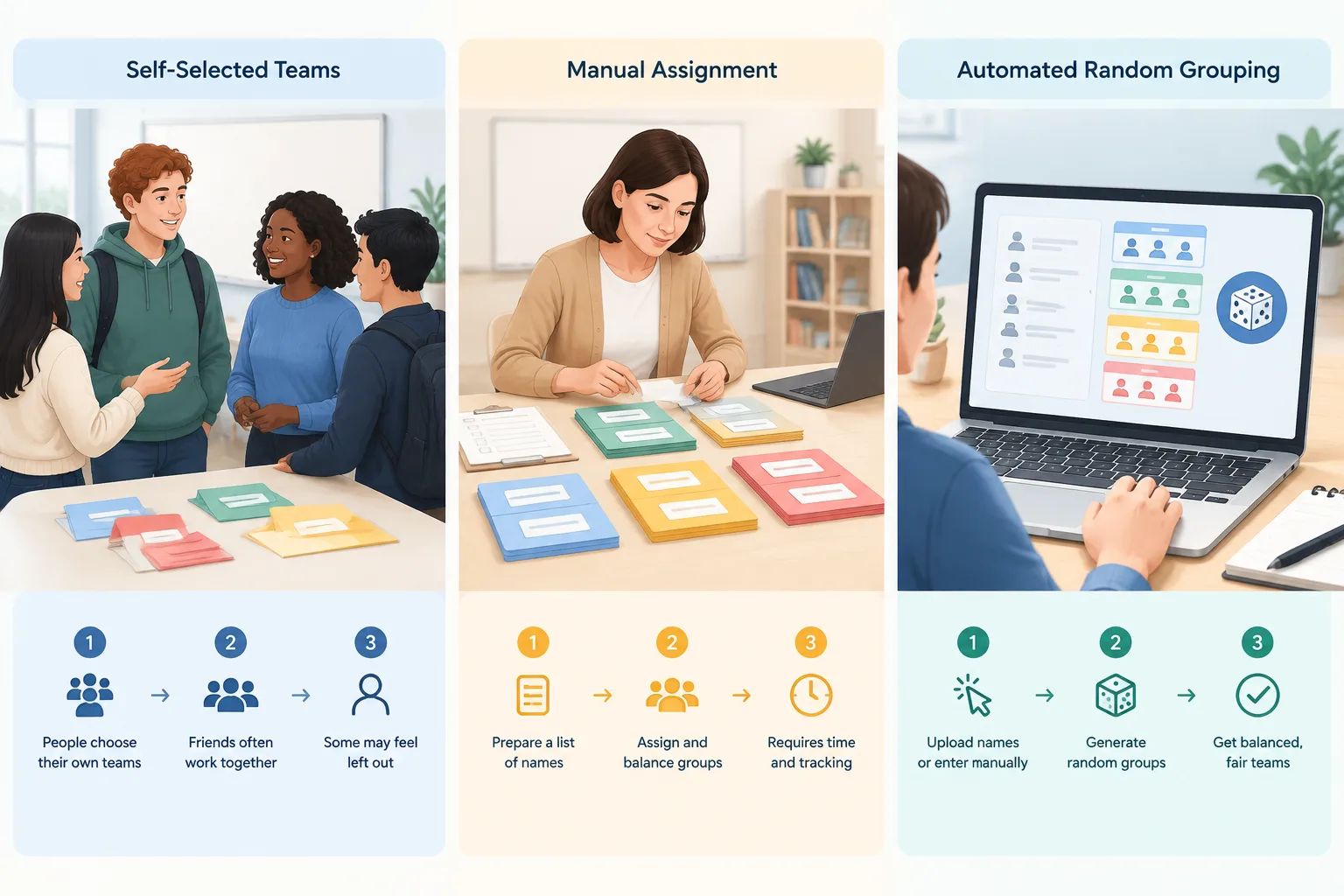 instructional diagram comparing manual team selection and automated random grouping workflows