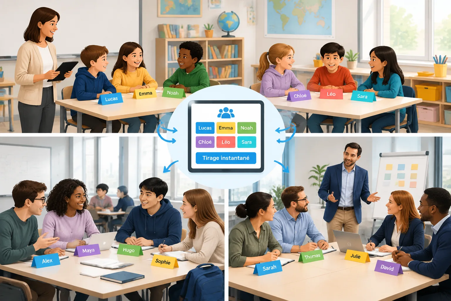 Illustration neutre d’une classe et d’un atelier professionnel utilisant une répartition automatique
