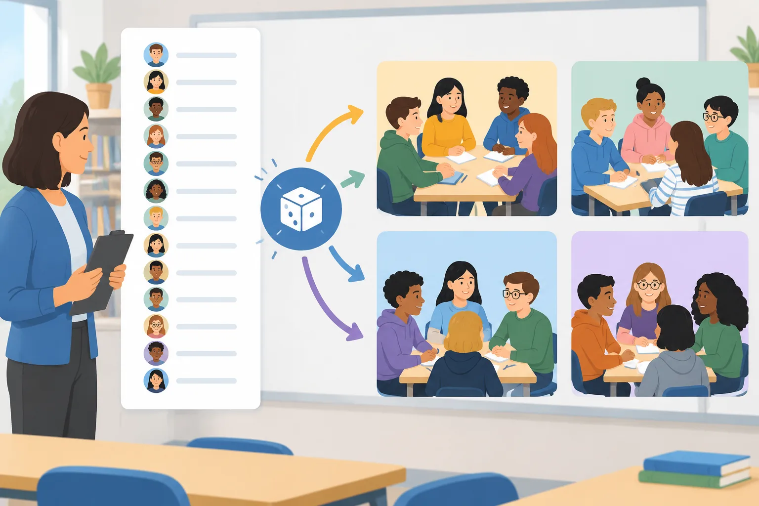 Illustration of a class roster splitting into four equal mixed groups of students