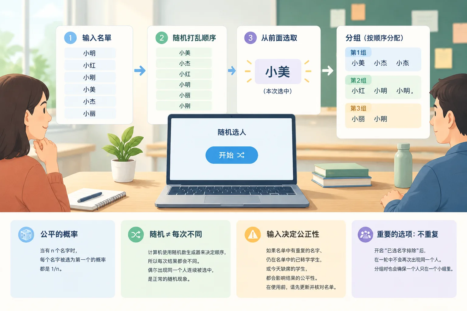 Clean instructional illustration of a name list being shuffled into a single random selection on a s