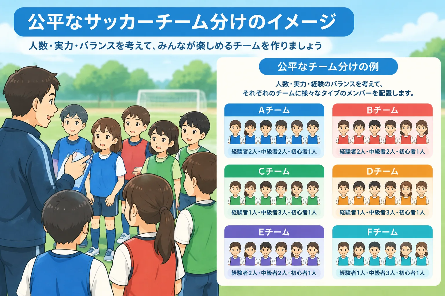 公平なサッカーチーム分けを説明するシンプルなグループ分け図