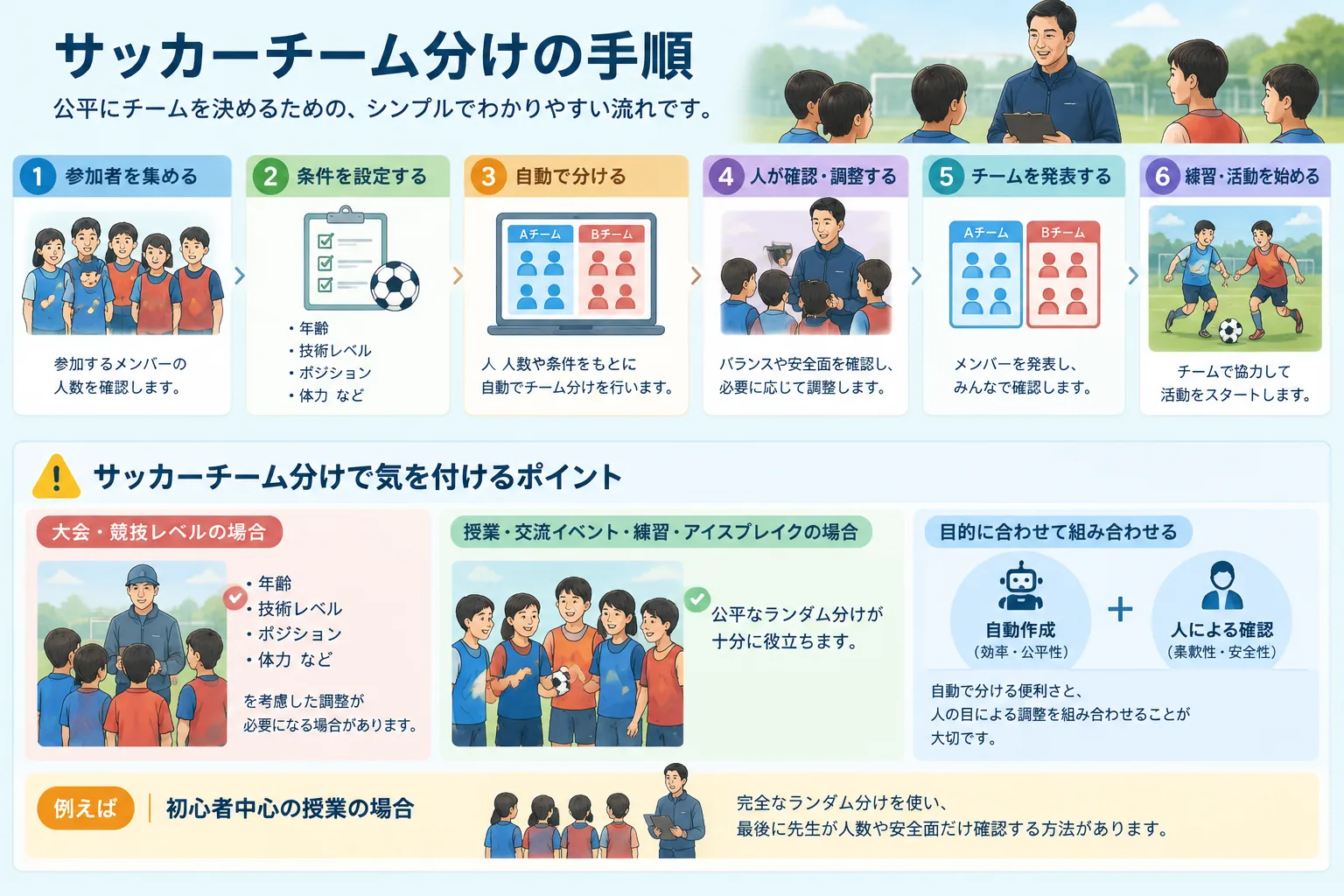 サッカーチーム分けの手順を示す番号付きワークフロー図