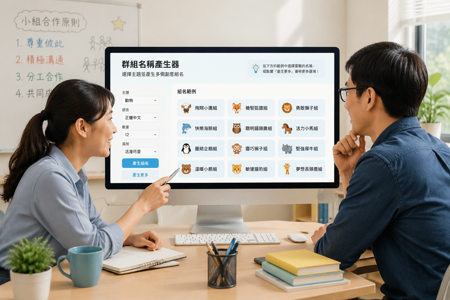 一對教師在螢幕前討論群組名稱，螢幕上顯示產生器介面，產生出以動物為主題的多個組名範例