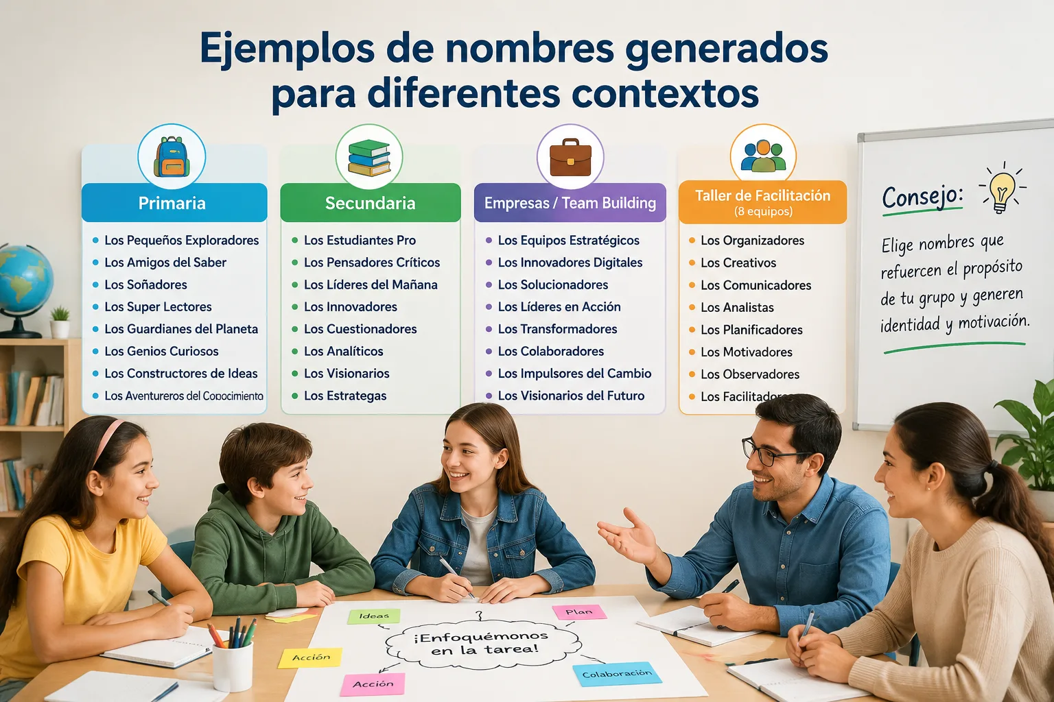 Ejemplo de una lista de nombres generados para equipos en un contexto de clase o taller