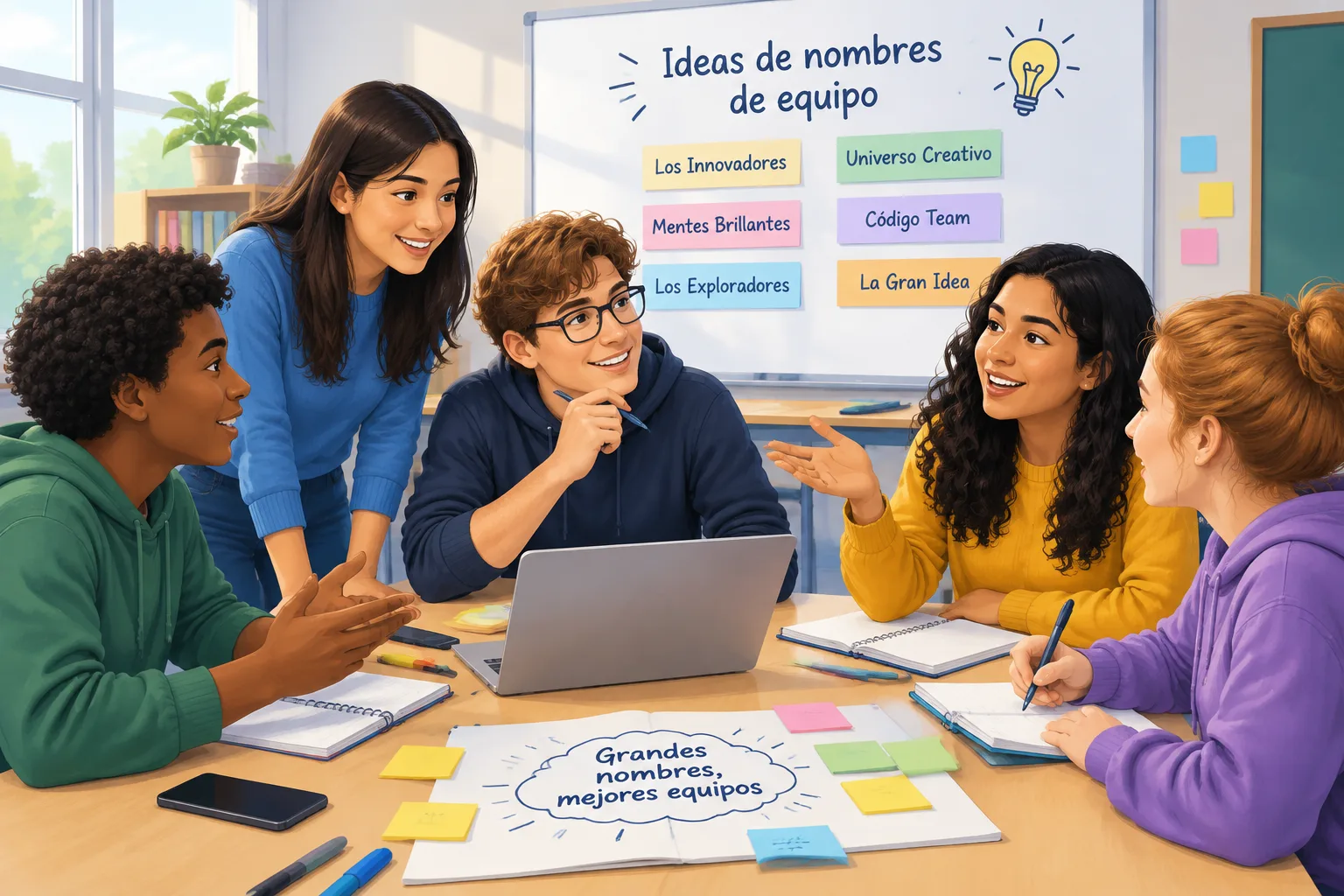 Ilustración de un grupo diverso de estudiantes en un aula discutiendo y eligiendo nombres creativos
