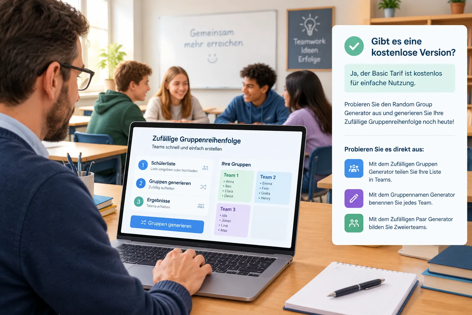 Ein Lehrer, der am Computer sitzt und Gruppen für eine Klasse generiert, mit Schülern im Hintergrund