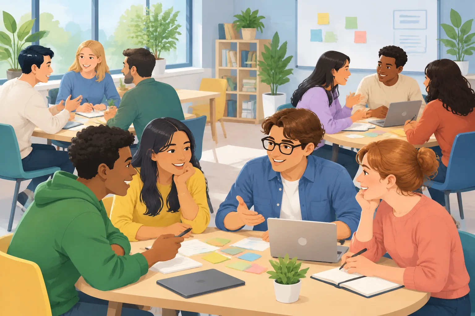 Verschiedene Gruppen in einem Workshop, die zusammenarbeiten