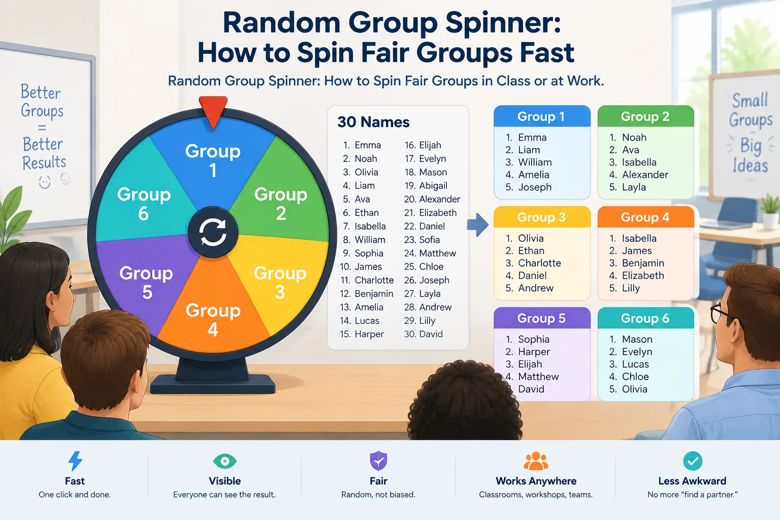 Clean instructional illustration of a wheel spinner beside a list of thirty names being dealt into s