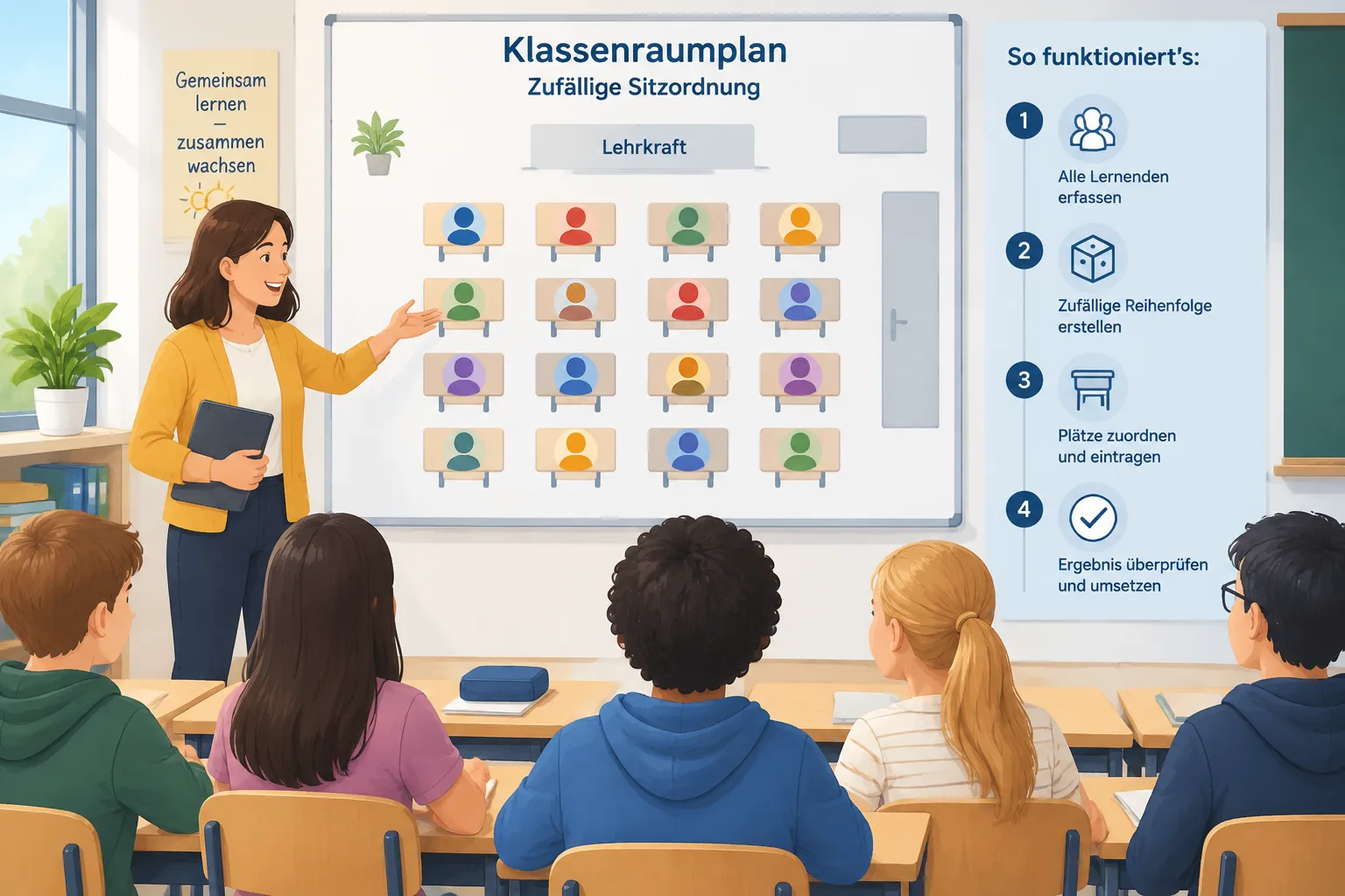 Eine klare Unterrichtsillustration mit einem Klassenraumplan