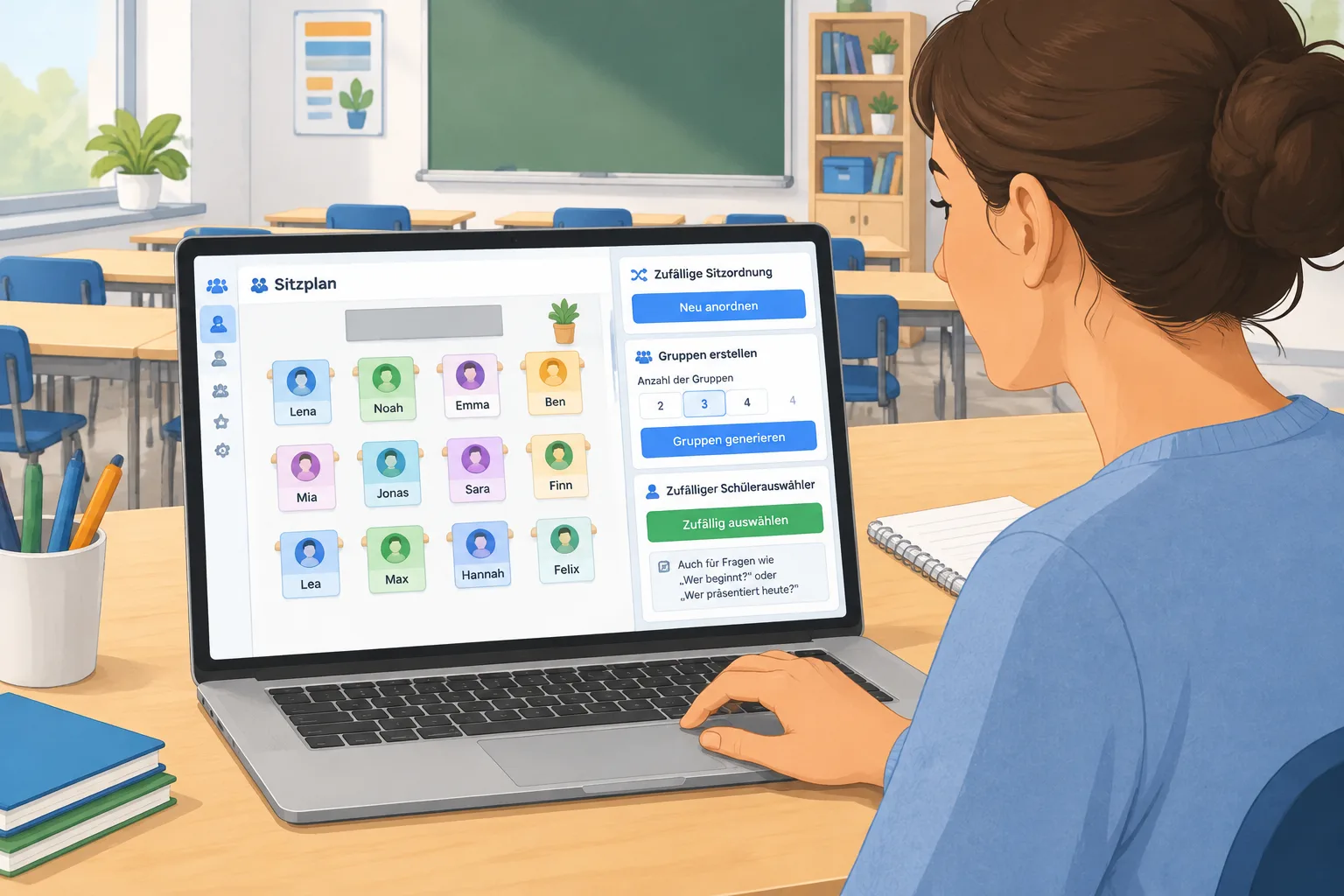 Eine neutrale Illustration eines digitalen Klassenraum-Werkzeugs mit Sitzplan