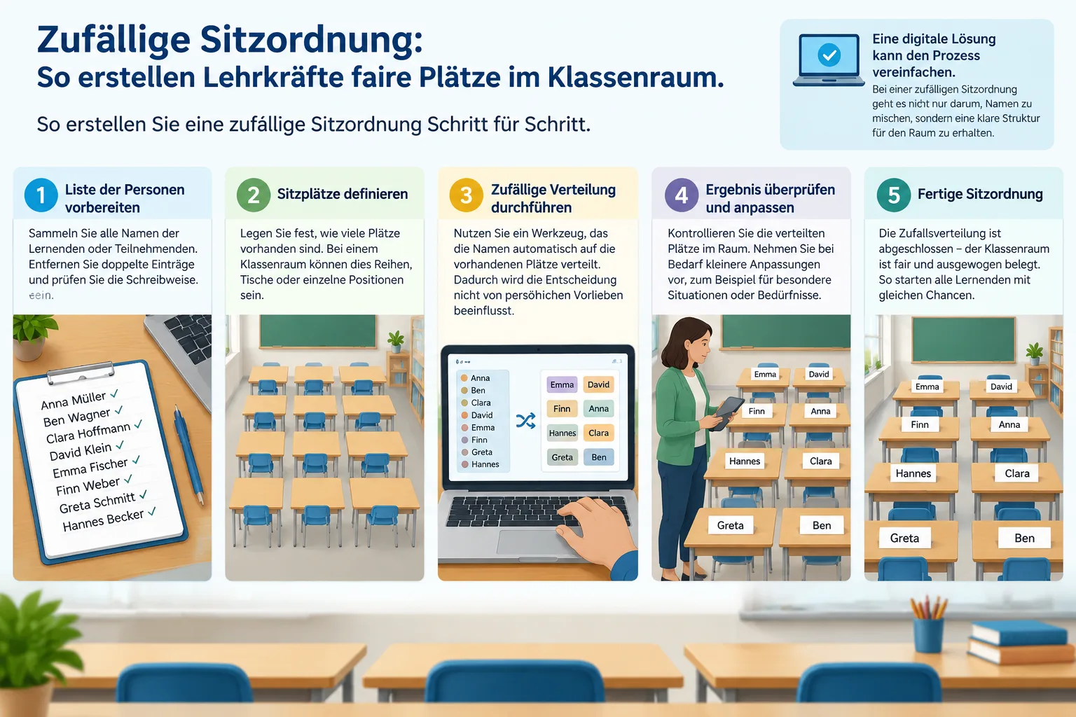 Eine Schritt-für-Schritt-Infografik mit fünf Stationen von Namensliste über Zufallsverteilung bis zu