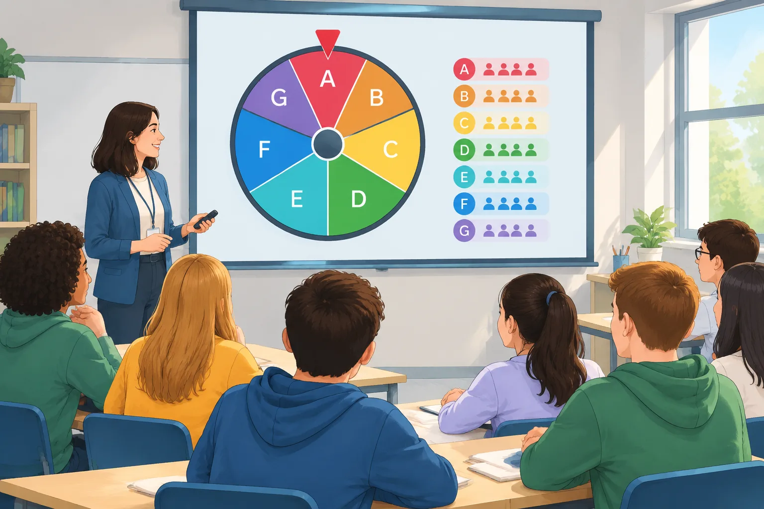 Clean instructional illustration of a spinning wheel displayed on a classroom projector dividing stu