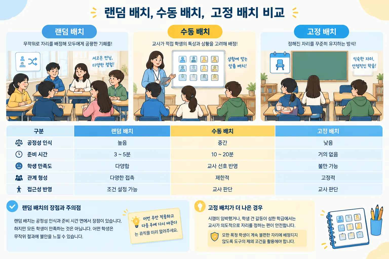 comparison infographic of random, fixed, and manual seating arrangements