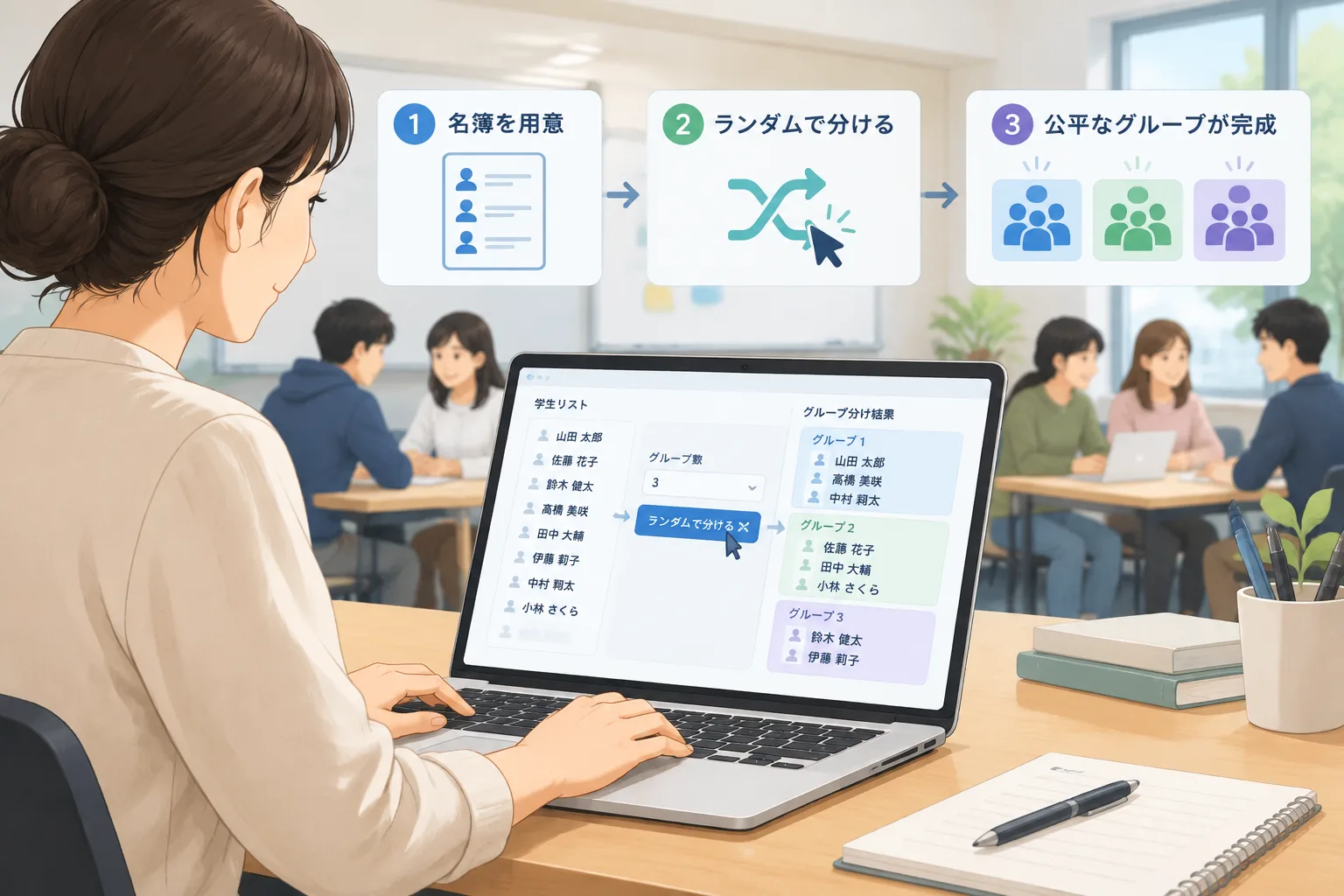 Teacher at laptop creating fair study groups