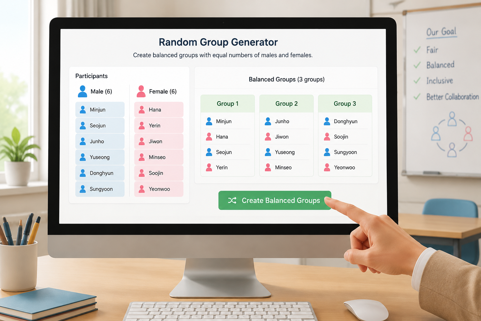 A clean instructional illustration showing a computer screen displaying a random group generator interface. On the screen, a list of names is categorized by male and female icons, and a button says 'Create Balanced Groups'. A teacher's hand is seen pointing at the screen, set in a bright classroom with soft light.