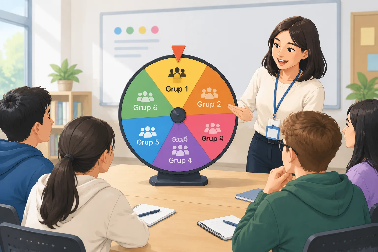 Clean instructional diagram of a colorful spinning wheel divided into segments