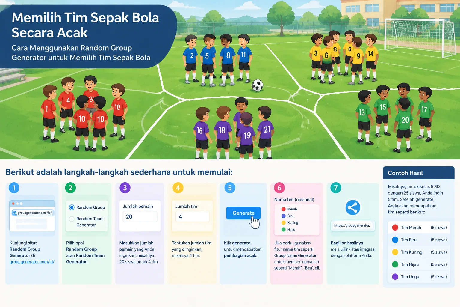 Ilustrasi pembagian tim sepak bola di lapangan dengan garis acak