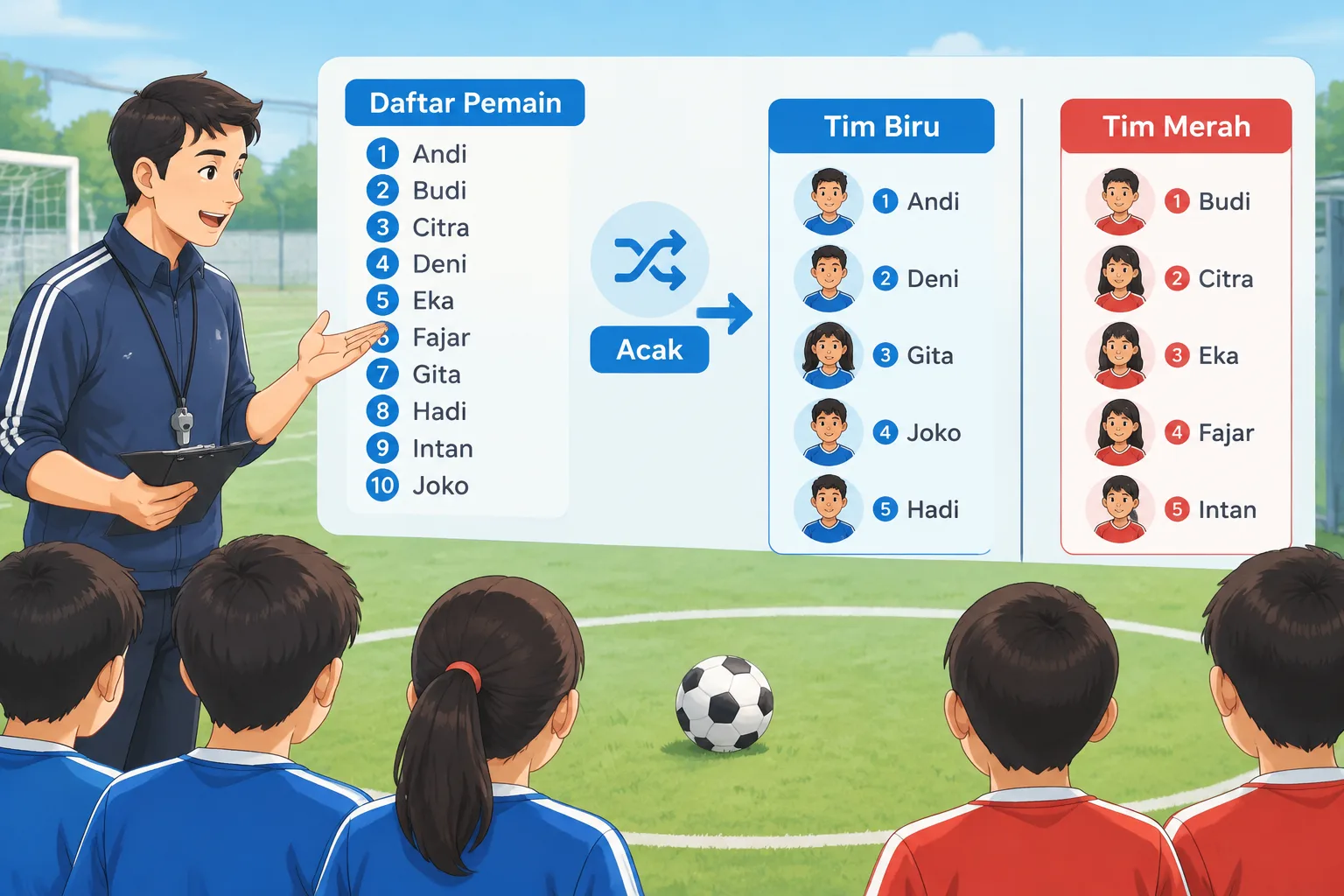 Ilustrasi diagram pembagian tim sepak bola secara acak dengan garis pembagi sederhana
