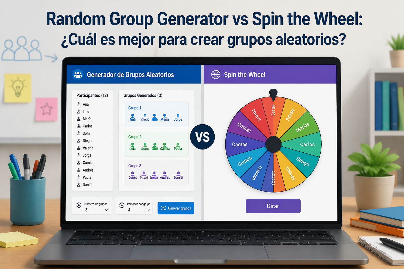 Side-by-side comparison of a clean grouping grid interface and a colorful spinning wheel, both on a laptop screen.