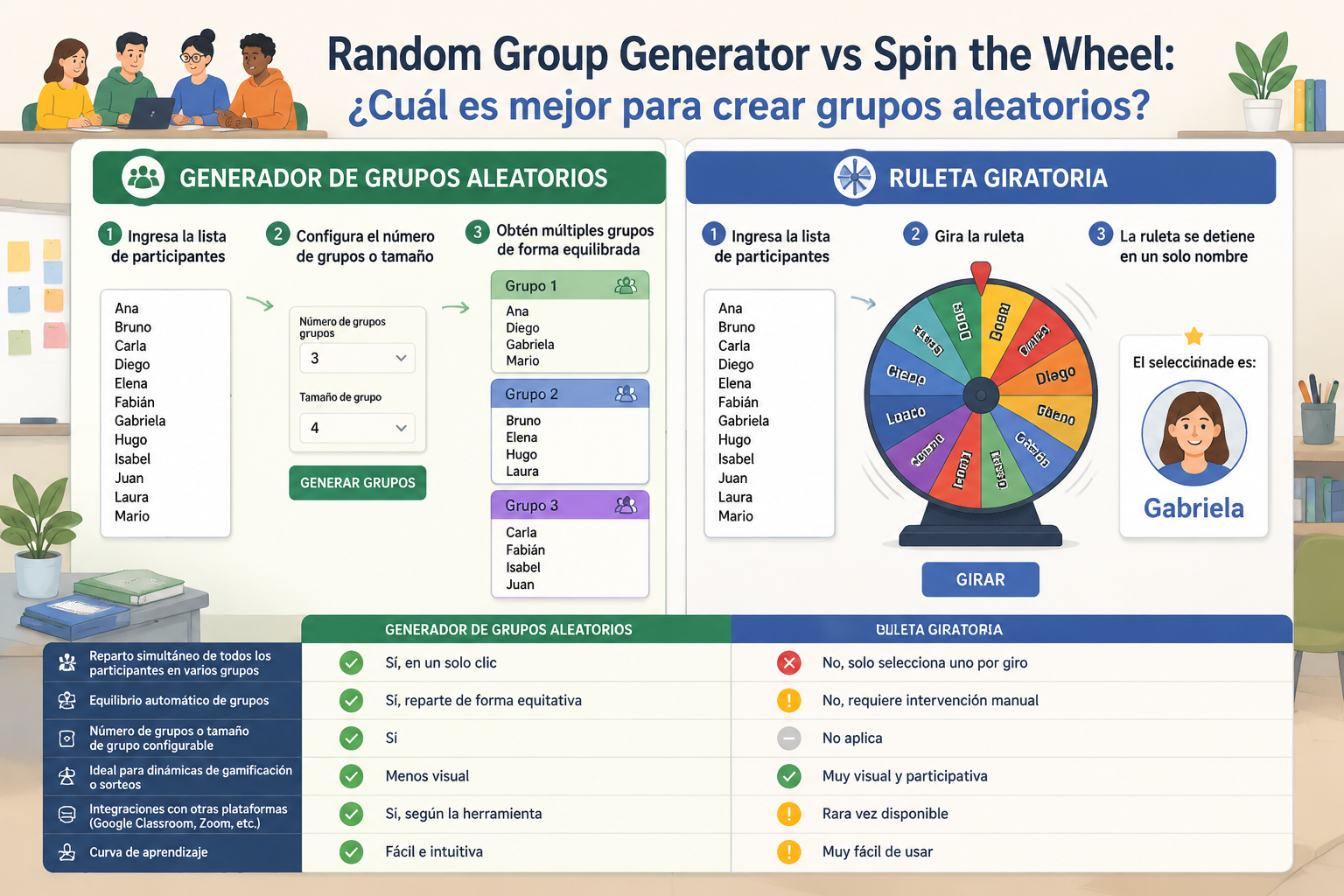 Infographic comparing the steps: list of names entered in both tools, one outputs multiple groups, the other shows a spinning wheel stopping on a single name.