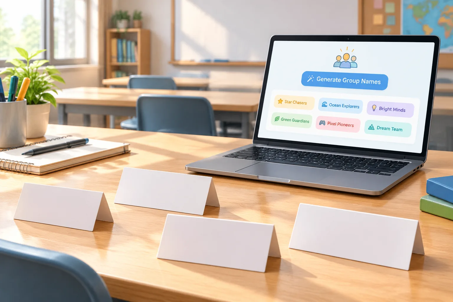 Clean instructional illustration of four blank desk name cards on a classroom table beside a laptop