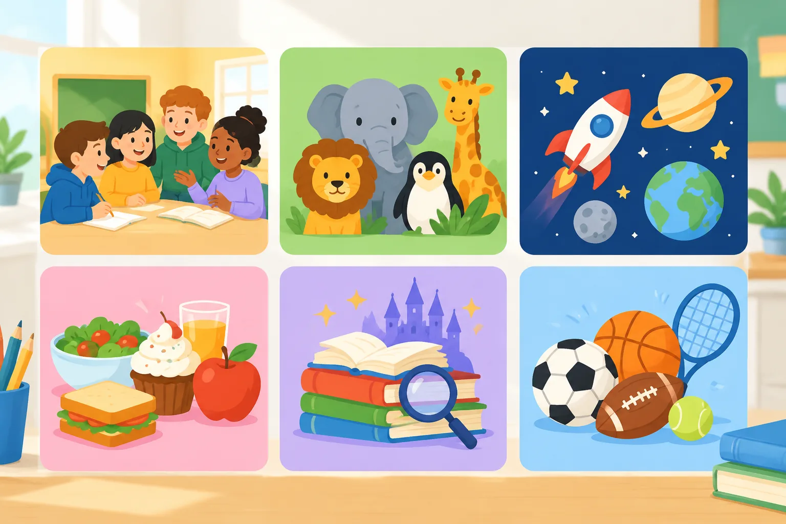 Simple infographic grid of six group name categories for classrooms