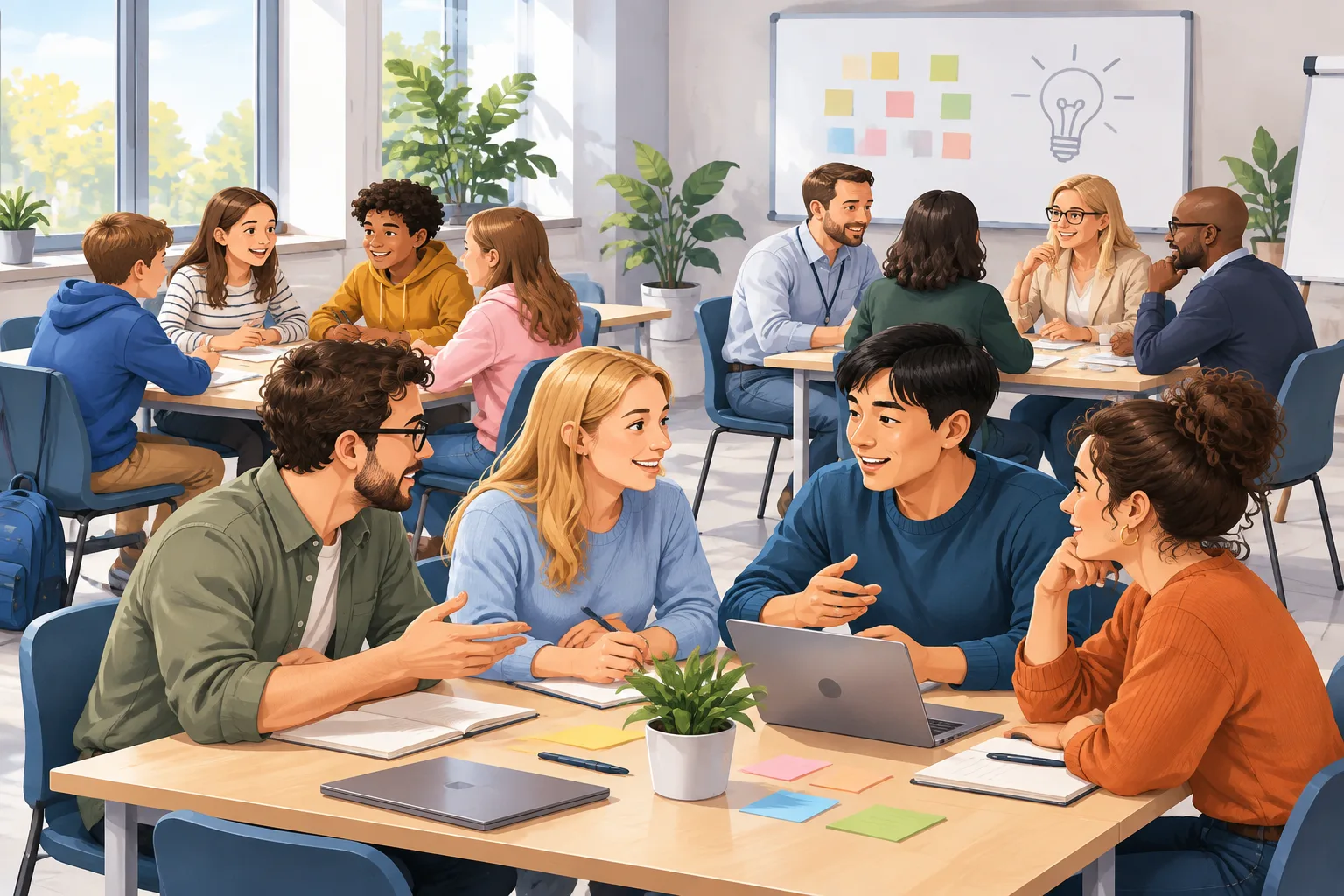 Workshop-Szene als neutrale Illustration mit mehreren kleinen Teams an Tischen