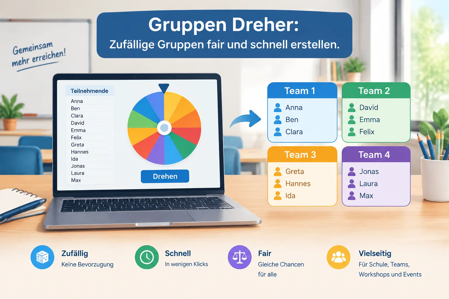 Eine einfache Anleitungsgrafik zeigt einen Gruppen-Dreher, der Namen in gleich große Teams aufteilt