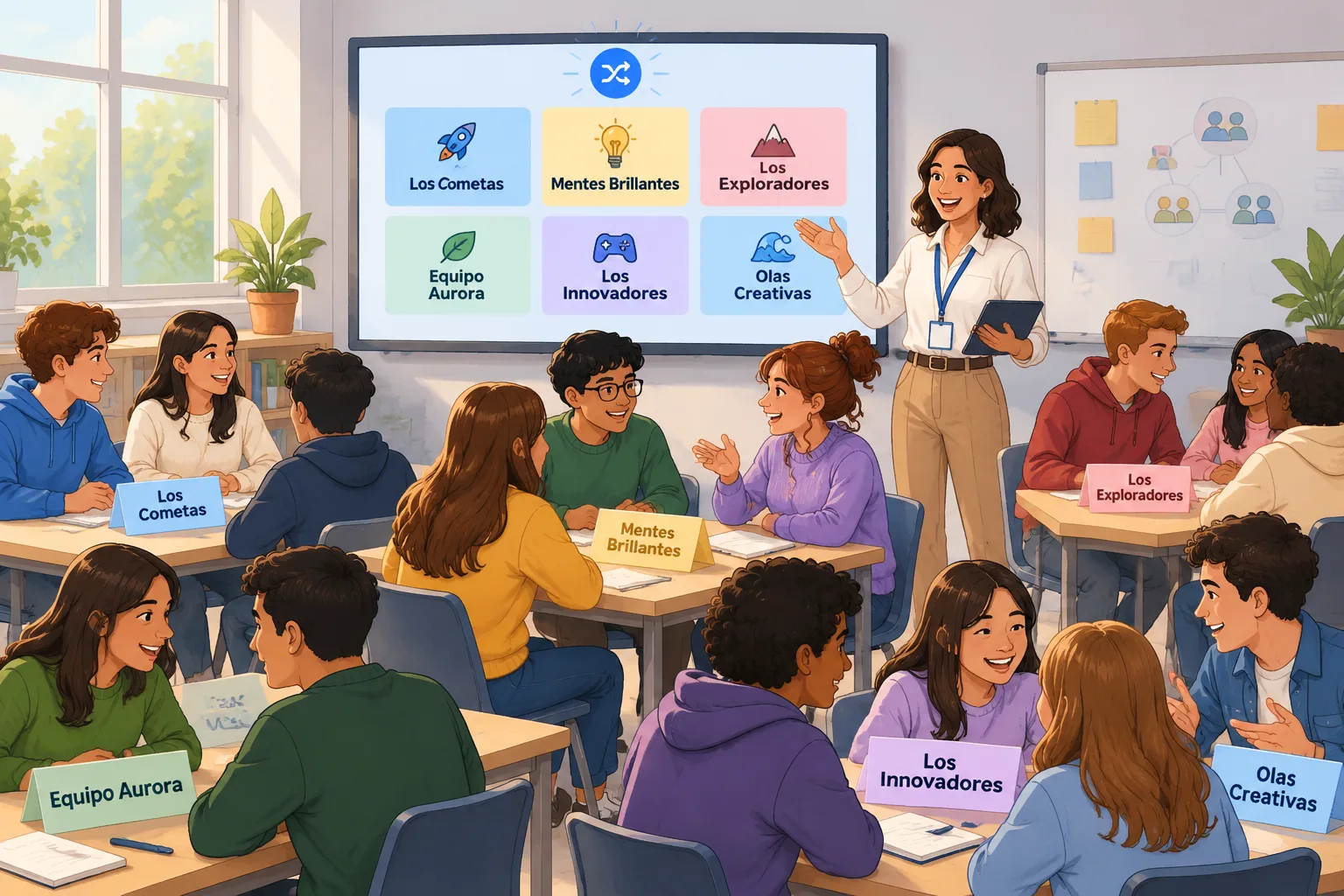 Ilustración educativa de una cuadrícula de equipos con nombres generados al azar y un facilitador or