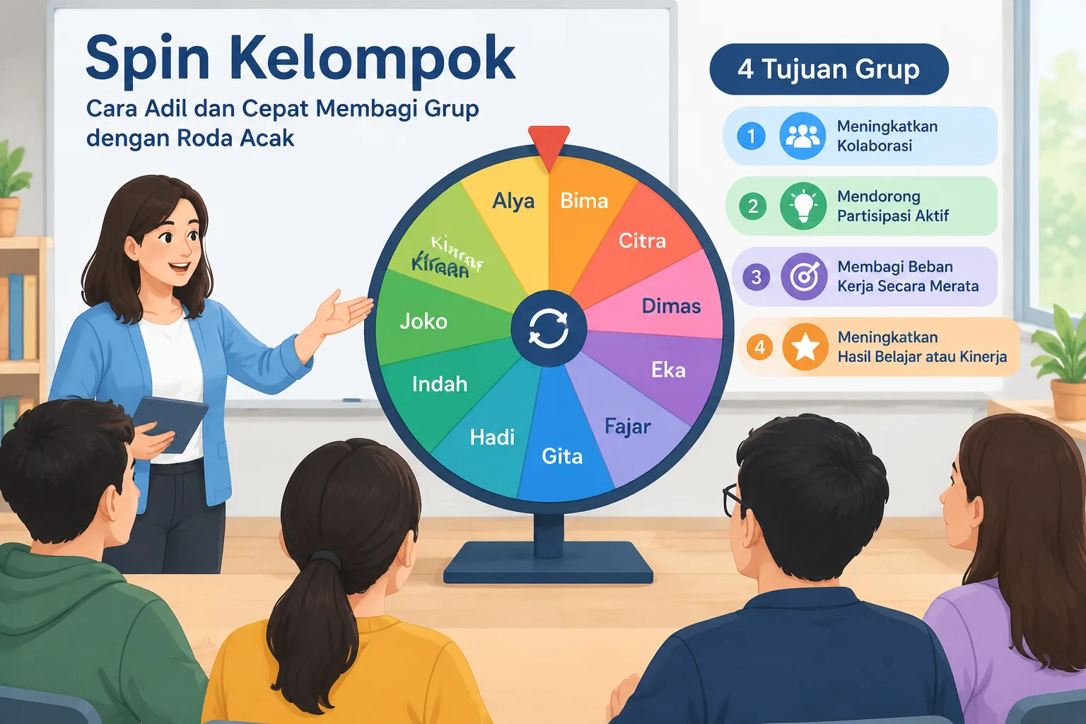 Diagram roda kelompok berputar dengan nama peserta dan empat tujuan grup