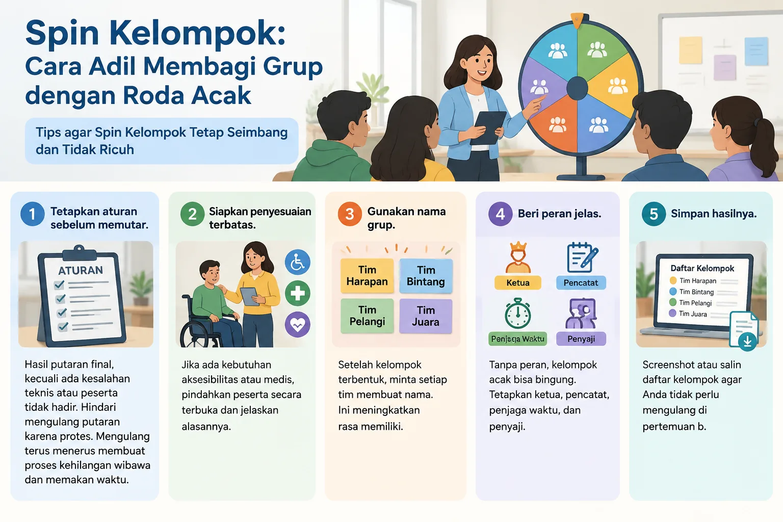 Infografis tips spin kelompok dengan ikon aturan, peran, dan penyesuaian, gaya bersih dan netral