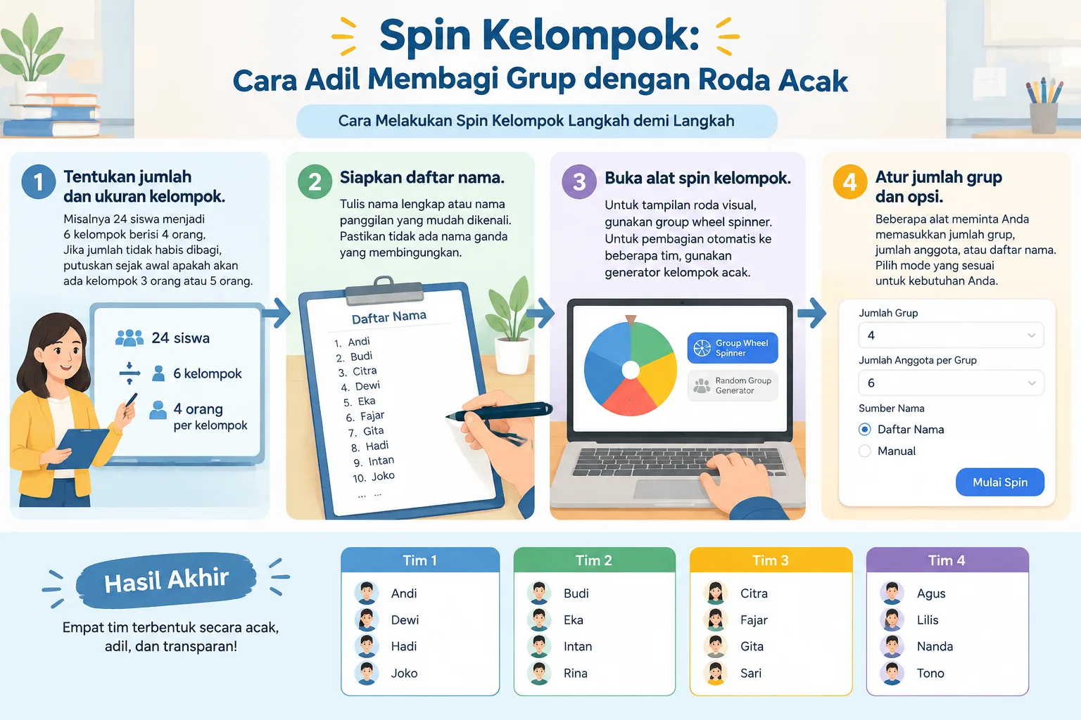 Ilustrasi langkah pembagian kelompok dari daftar nama menjadi empat tim