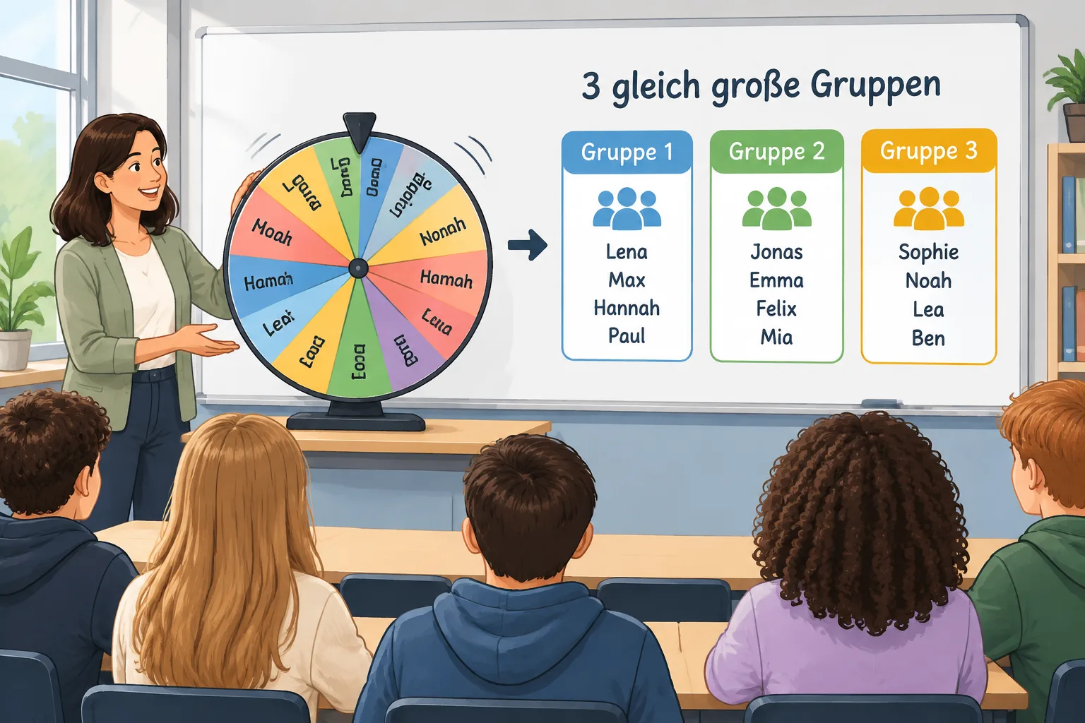 Clean instructional illustration of a spinning wheel of name cards splitting into three balanced gro