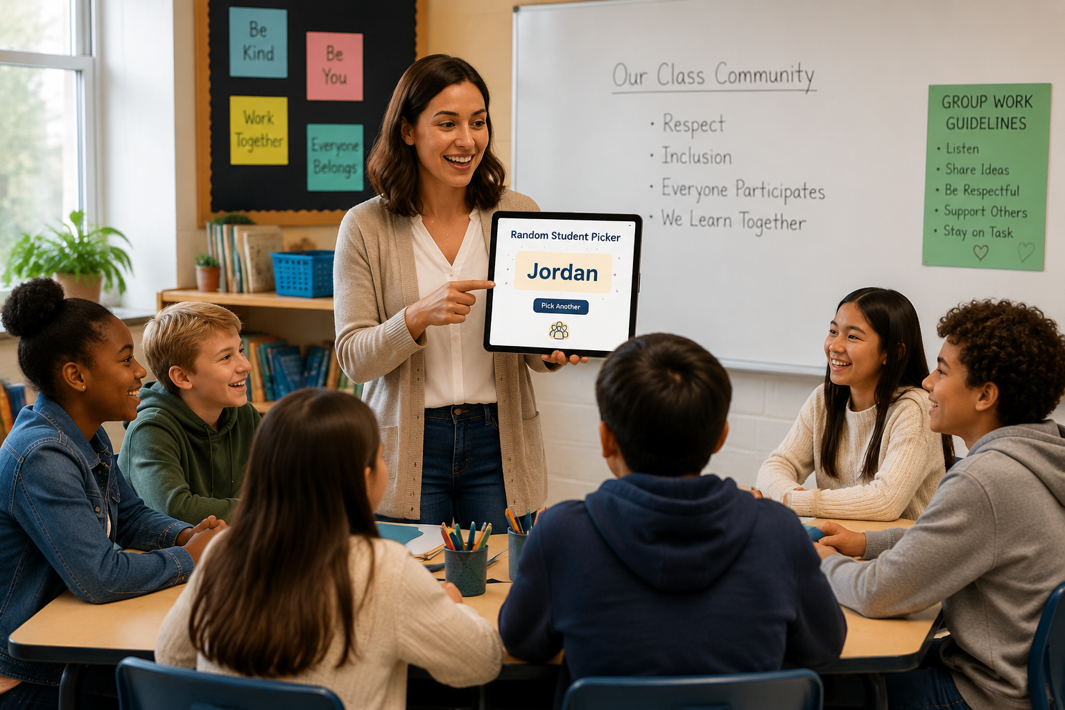 A teacher holding a tablet displaying a random name selector, with a classroom of diverse students watching, some smiling and engaged.