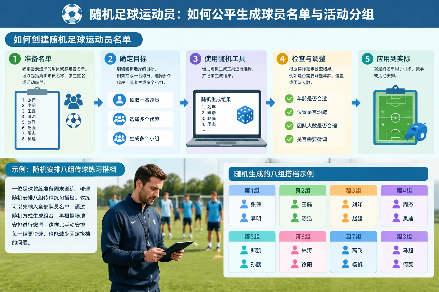 instructional workflow diagram showing list input, random selection, and football activity groups