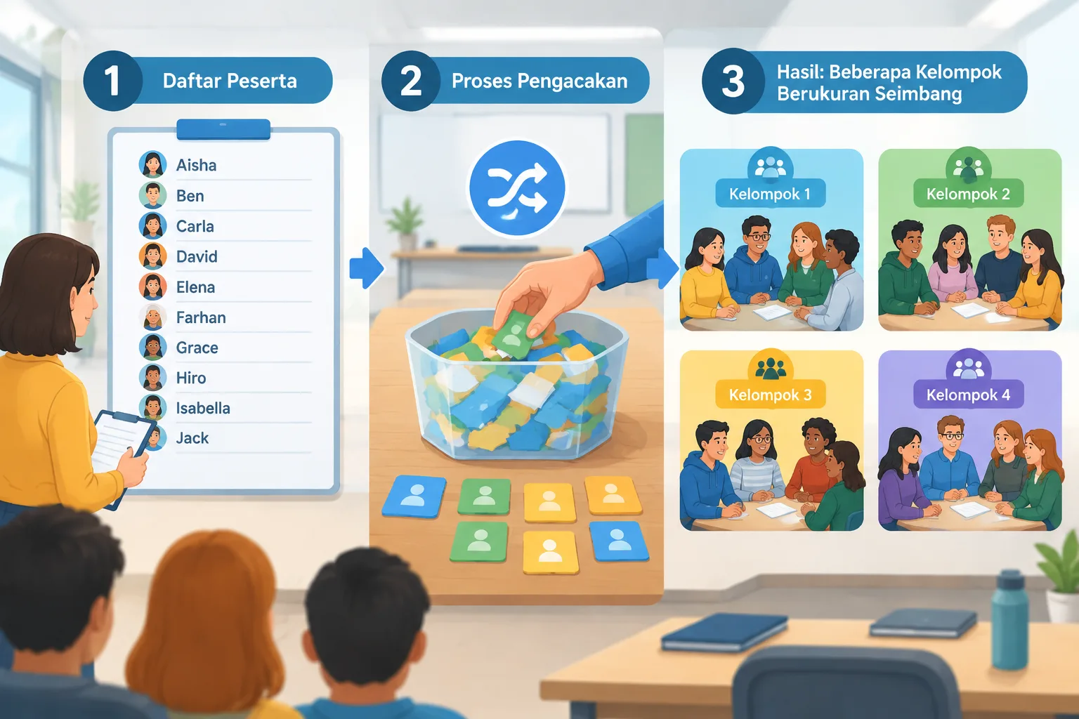 Diagram tiga langkah membagi kelompok acak: daftar peserta