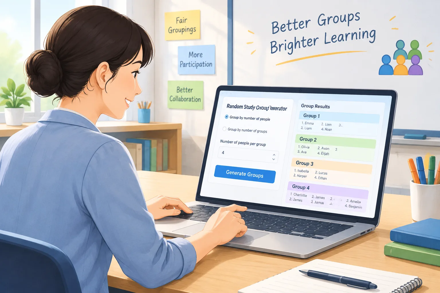 clean instructional illustration of a teacher using an online random study group generator to sort s